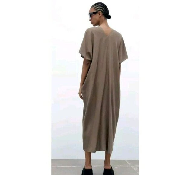 ZARA Linen Lyocell Tunic Dress with Pleat L Chest 54" Khaki Kaftan 4877 049 - Picture 5 of 7